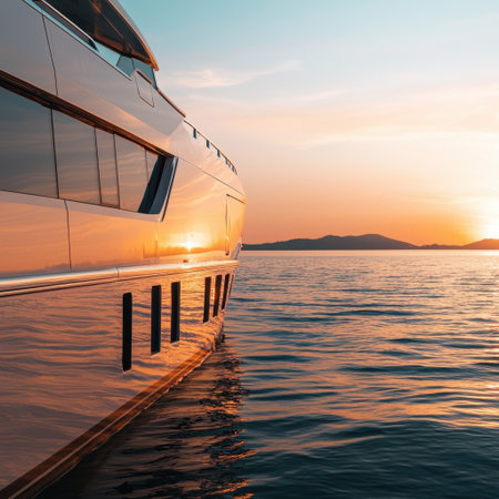 A serene scene depicting a luxury yacht gliding through calm waters during a stunning sunset. The vibrant colors of the sky reflect beautifully.の素材