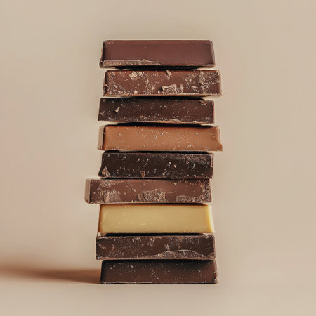 A visually appealing display of stacked chocolate bars showcasing rich colors and textures, perfect for culinary inspiration or dessert projects.の素材