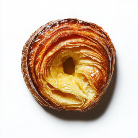 A stunning close-up image featuring a freshly baked croissant pastry with a golden-brown, flaky exterior. Perfect for food articles.の素材