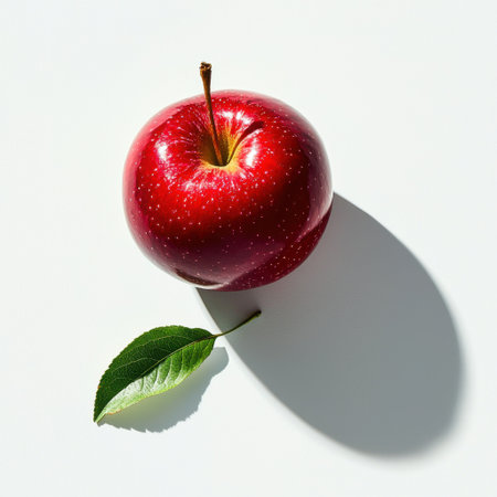 A striking red apple rests on a bright white background, illuminated to display its smooth, glossy surface and a fresh green leaf beside it.の素材