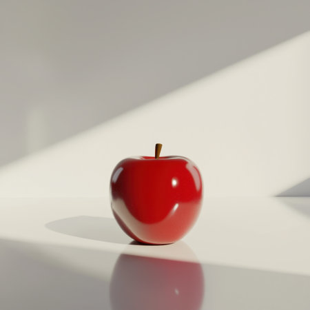 A vibrant red apple sits elegantly on a minimalist surface, bathed in natural light, creating soft shadows that enhance its allure.の素材