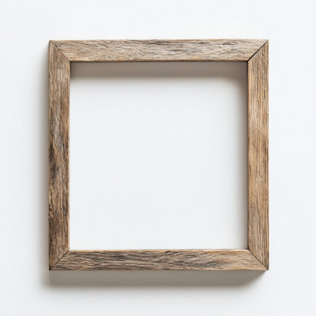 An empty rustic wooden photo frame set against a clean white background, ideal for showcasing your favorite images or artwork in a simple yet stylish manner.の素材