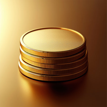 Close-up view of stacked gold coins resting on a reflective surface, showcasing smooth textures and warm lighting, ideal for financial themes.の素材