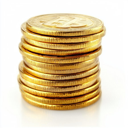 A visually striking stack of golden coins features prominently against a clean white background, symbolizing wealth, prosperity, and financial success.の素材