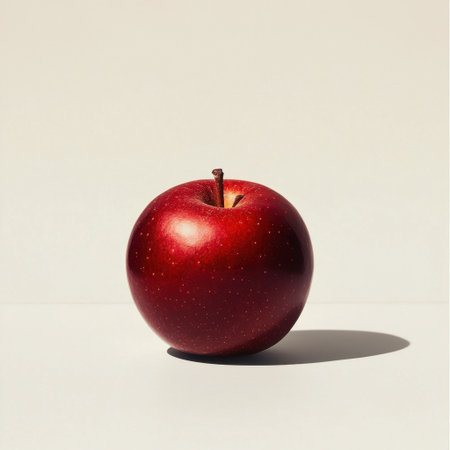 A vibrant red apple sits on a light surface, showcasing a glossy finish and delicate shadow. Ideal for conveying themes of health and freshness.の素材