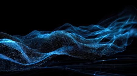 An abstract representation of a blue wave pattern flowing smoothly through digital space, showcasing ethereal light effects and dynamic particles.の素材