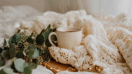 Enjoy a serene winter atmosphere with a steaming cup of coffee nestled among a cozy knitted blanket and delicate eucalyptus accents, creating a perfect ambiance for relaxation.の素材