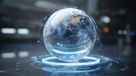 This futuristic globe design showcases a glowing Earth surrounded by digital elements, symbolizing advanced technology and connectivity in a modern space.の素材