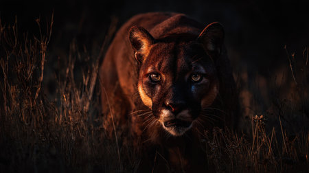 A powerful big cat with an intense gaze captures the essence of the wild. Set against a dark wilderness backdrop, the scene embodies nature's fierce beauty and incredibly stealthy grace during dusk.の素材