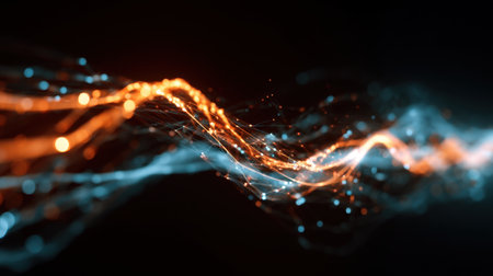 This image showcases a captivating flow of vibrant light waves, intertwining with energetic colors against a dark backdrop, creating a mesmerizing abstract effect.の素材