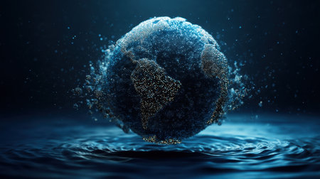 A mesmerizing digital illustration of a floating Earth surrounded by luminous particles and rippled water, ideal for various creative uses.の素材