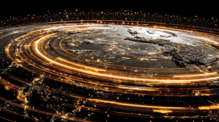 Experience a breathtaking view of Earth from space, featuring vibrant rotating light trails that symbolize connection and technology.の素材