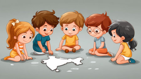 A colorful illustration featuring children gathered around a map of India, fostering learning and engagement through interactive play.の素材