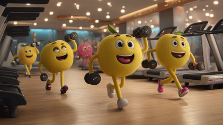 This vibrant image depicts cheerful cartoon characters in a gym, enthusiastically lifting weights and exercising together, promoting health and happiness.の素材