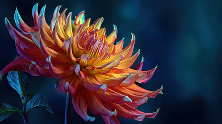 A stunning close-up of a vibrant flower displaying intricate orange and yellow petals, illuminated by soft blue light, creating an artistic and serene ambiance.の素材