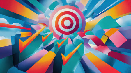 This vibrant abstract illustration features a striking target surrounded by dynamic arrows and a colorful background, symbolizing achievement and success.の素材