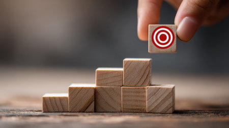 A hand carefully places a wooden block featuring a target symbol on top of stacked blocks, symbolizing strategic growth and achievement in business goals.の素材