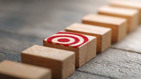 This close-up image showcases a line of wooden blocks, with one block distinctly adorned with a red target circle, highlighting focus and precision.の素材