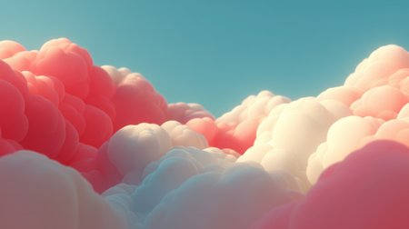 Soft pink and white clouds create a dreamy landscape against a bright blue sky, evoking feelings of tranquility and peace in nature.の素材