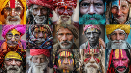 A captivating collection of portraits showcasing elderly men adorned in traditional colorful attire, each displaying unique facial expressions that tell stories of culture and heritage.の素材