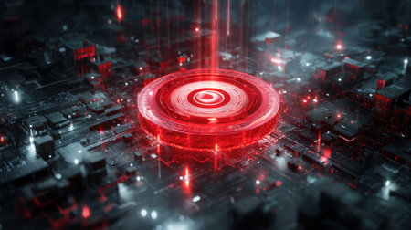 Explore a striking digital landscape featuring a prominent red circle hovering over intricate technology elements, embodying innovation and futuristic design.の素材
