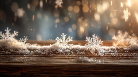 A stunning close-up image showcasing delicate snowflakes resting on a rustic wooden surface, illuminated by soft light with a dreamy bokeh effect. Perfect for winter themes.の素材