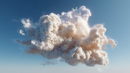A beautiful fluffy cloud floats against a clear blue sky, showcasing soft textures and ethereal details illuminated by sunlight, perfect for nature-themed projects.の素材