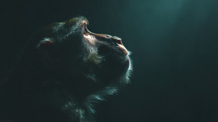 This captivating image captures the profile of a monkey illuminated by soft light, highlighting its thoughtful expression against a dark background.の素材