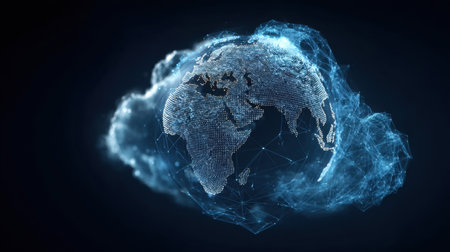 A visually striking digital representation of a world map enveloped in cloud-like formations, illustrating global connections and technology advancements.の素材