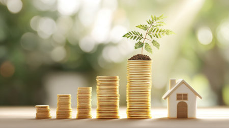 A visually striking representation of financial growth with stacked coins, a small plant emerging from the top, and a miniature house, symbolizing wealth and progress in the real estate market.の素材