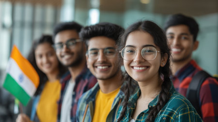 A joyful group of young adults stands together, showcasing smiles and a sense of unity while holding an Indian flag, capturing the essence of diversity.の素材