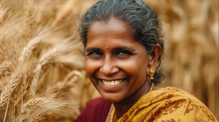 A joyful woman in traditional attire smiles amid a golden wheat field, representing the essence of rural life and agricultural pride.の素材