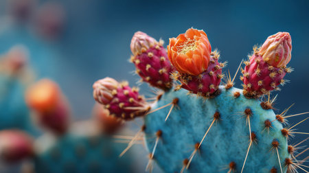 This stunning close-up showcases a vibrant cactus with bright orange flowers and pink buds, set against a soft blue background, highlighting nature's beauty.の素材