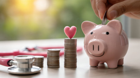 A piggy bank sits next to stacks of coins and a stethoscope, symbolizing the importance of saving money for health and wellness. The heart figure stands for caring about finances.の素材