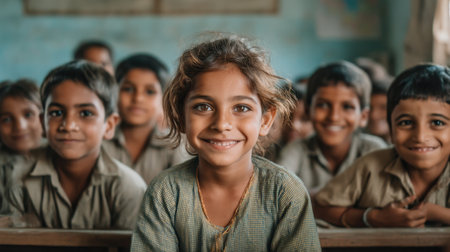 A heartwarming scene featuring joyful children smiling in a lively classroom environment, showcasing the power of education and friendship.の素材