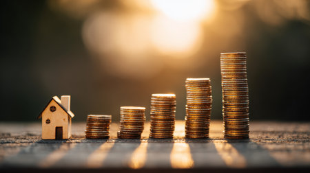 A golden house model sits next to stacks of coins representing financial growth in real estate investments, set against a warm sunset background.の素材