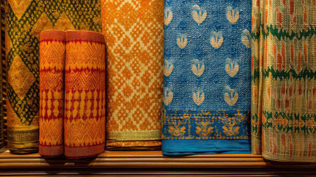 A stunning display of colorful traditional handwoven textiles showcasing intricate patterns and exceptional craftsmanship. Perfect for various creative projects.の素材