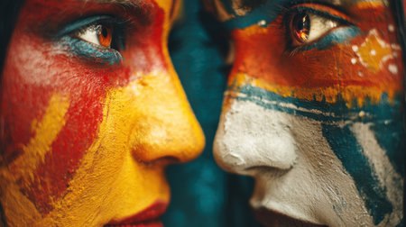 This captivating close-up image depicts two individuals with colorful face paint highlighting their features, expressing deep emotions and cultural stories.の素材