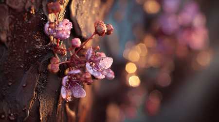 A stunning close-up of delicate pink blossoms adorned with glistening water droplets, set against a rustic surface with a soft bokeh background.の素材