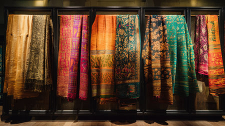 A stunning collection of colorful handwoven fabrics showcased in an elegant setting. These textiles reflect intricate patterns and cultural heritage, perfect for fashion and home decor enthusiasts.の素材