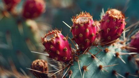 A close-up image of captivating red cactus fruits on a prickly pear cactus highlights their sharp spines and lush green background, symbolizing desert vitality.の素材