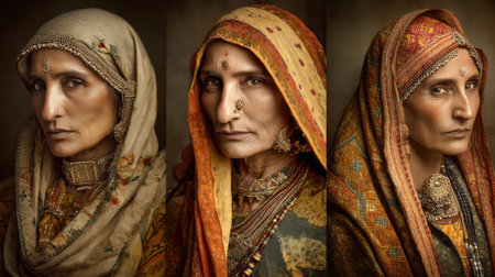 This captivating image showcases three striking portraits of traditional women, highlighting exquisite textiles and intricate jewelry, steeped in cultural heritage.の素材