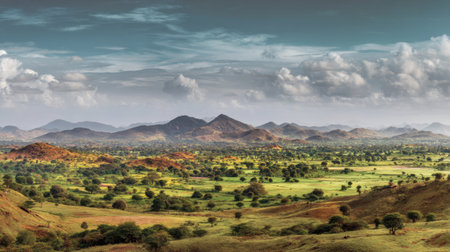 A breathtaking view of lush green hills and rolling mountains beneath a dynamic sky captures the essence of serene nature, inviting exploration.の素材