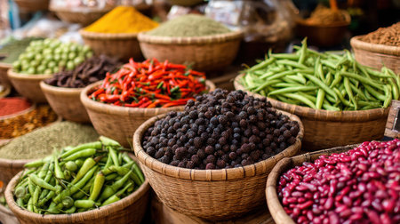 A vibrant collection of fresh spices and vegetables arranged in woven baskets at a bustling local market, showcasing a rich variety of colors and textures.の素材