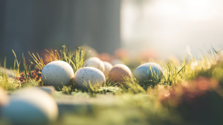 A calm and serene scene displaying speckled eggs resting on soft green grass, surrounded by a tranquil natural environment, capturing the essence of morning.の素材