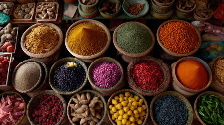Discover a vibrant array of spices and herbs displayed in traditional bowls at a bustling market, showcasing vivid colors and rich textures.の素材