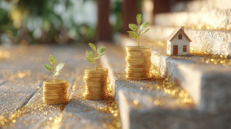 Illustrating the journey of financial growth, this image showcases a model house beside stacks of coins with sprouting plants, symbolizing investment.の素材