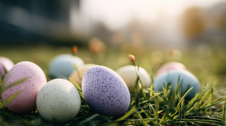 A collection of vibrant and colorful Easter eggs lies scattered on fresh green grass under warm sunlight, creating a joyful and festive scene.の素材