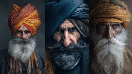 This striking image captures traditional Indian men wearing vibrant turbans and showcasing impressive beards, embodying cultural heritage and wisdom.の素材
