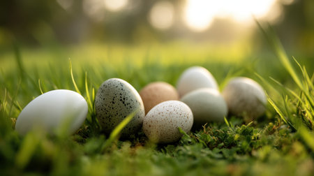 A captivating array of colorful eggs placed gently on vibrant green grass, showcasing nature's beauty during a serene sunrise or sunset.の素材